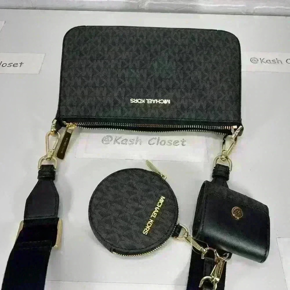 Michael Kors crossbody tech attach adjustable strap Coin Purse Airpod case Black - Picture 4 of 9